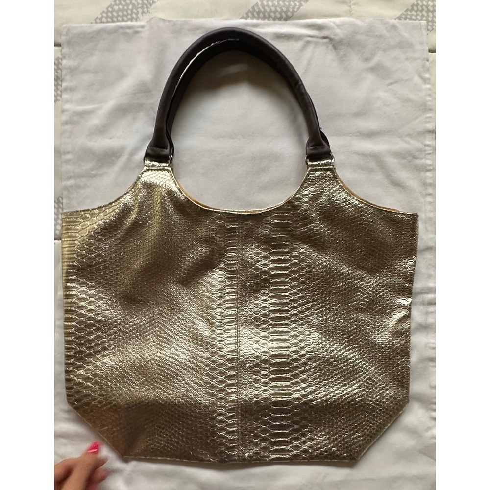 Neiman Marcus Metallic Gold Python-Embossed Tote with Dark Brown Handles